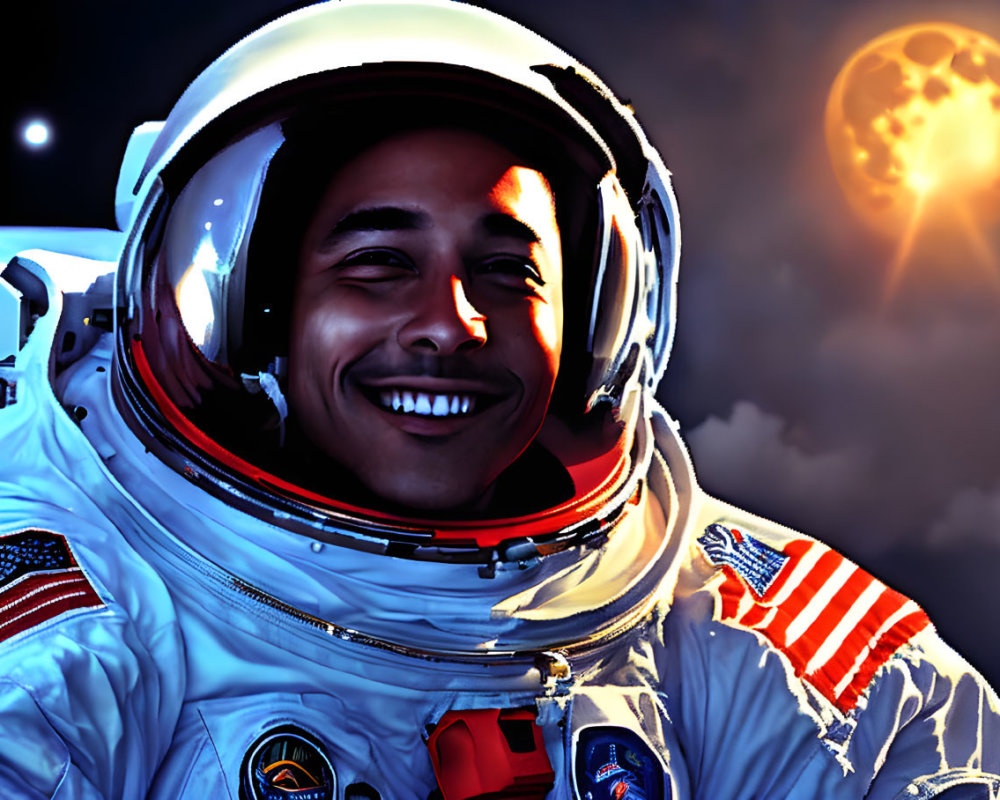 Smiling astronaut in American flag space suit against space backdrop