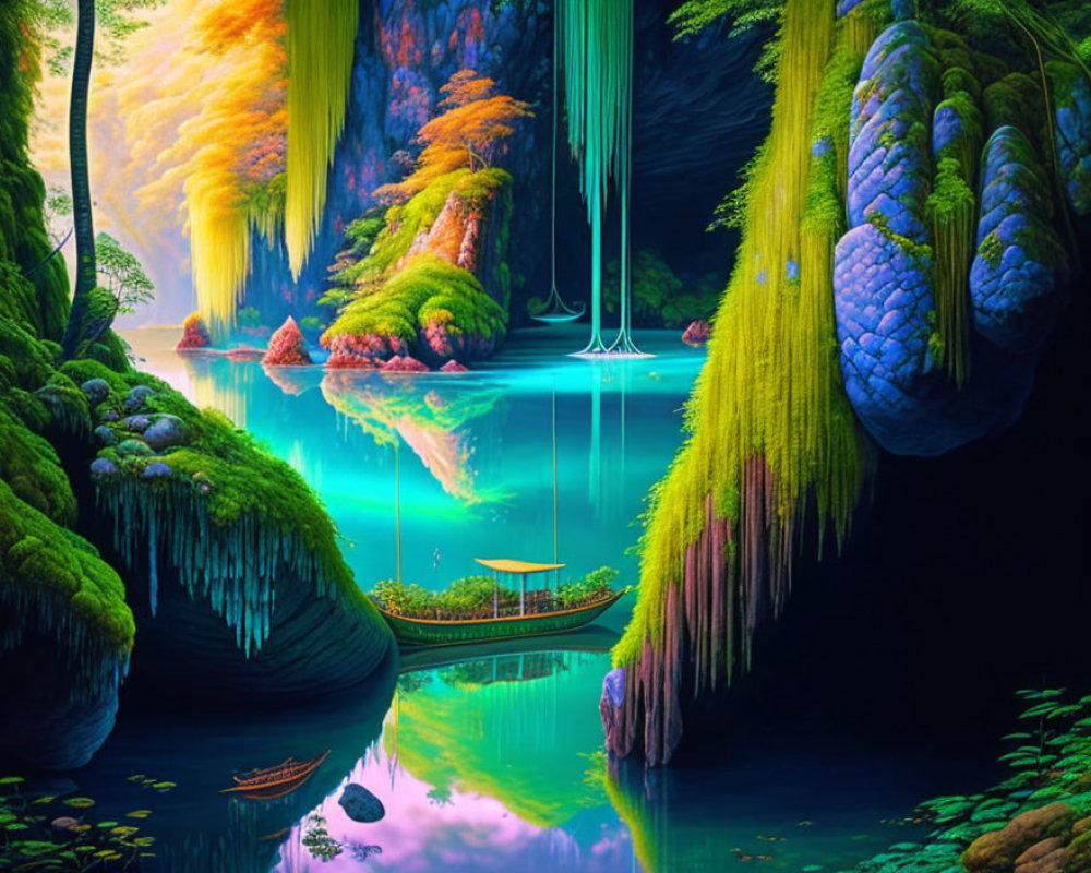 Lush Fantasy Landscape with Waterfalls, Lake & Boats
