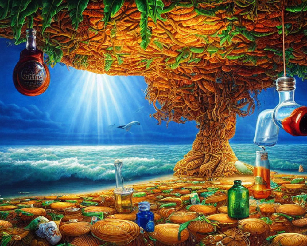 Surreal painting: coins sea, tree with bottle fruit, ocean backdrop