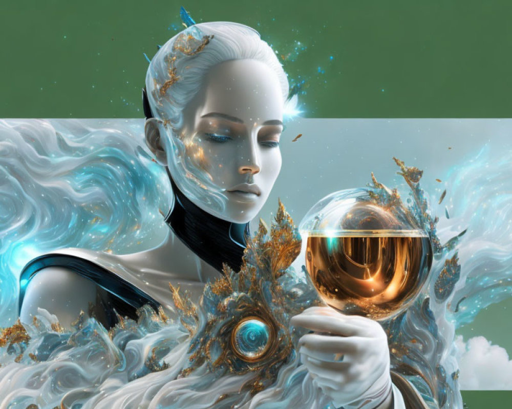 Futuristic woman with alabaster skin holding golden sphere in ethereal setting