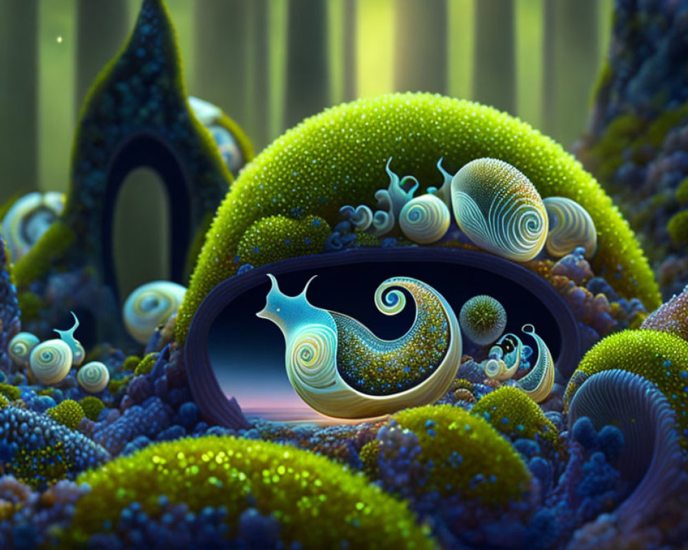 Colorful Fantasy Snail Village in Lush Forest Landscape