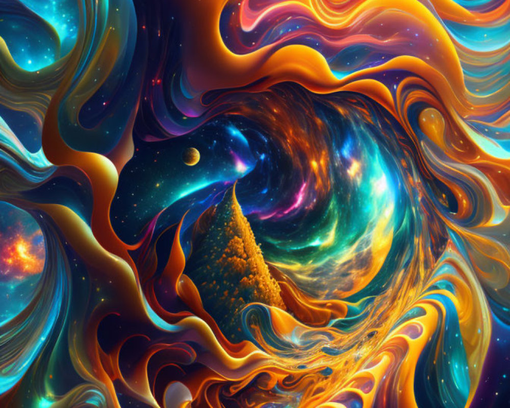 Abstract cosmic image with swirling blue, orange, and gold patterns