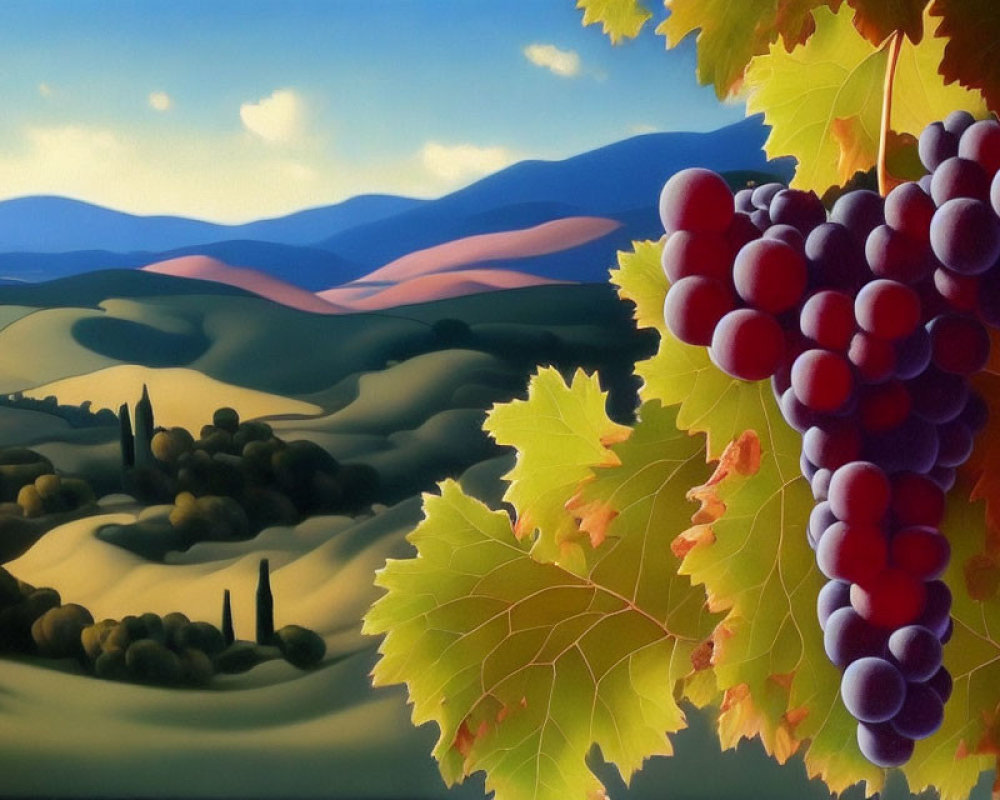 Vibrant vineyard painting with lush grapes and rolling hills