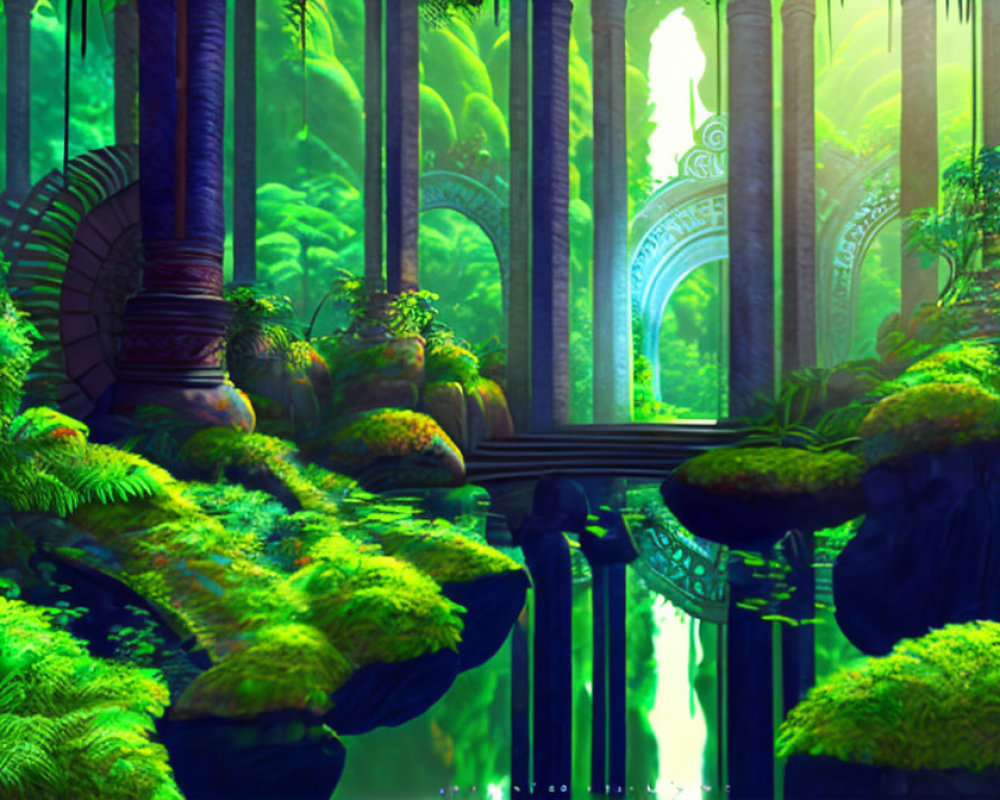 Moss-Covered Stone Platforms in Enchanting Forest Scene