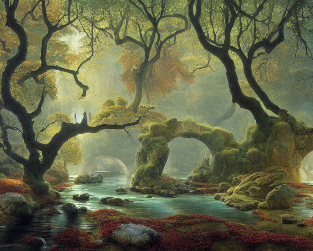 Tranquil forest scene with moss-covered trees and stone bridge