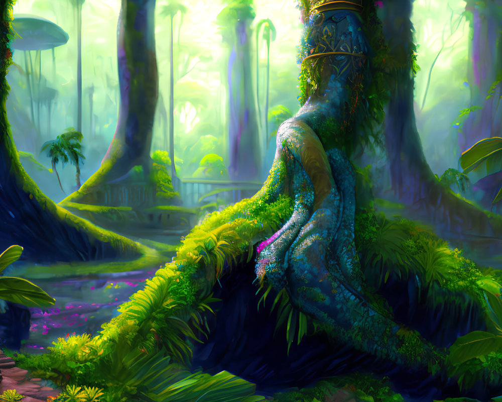 Ethereal blue creature in lush, sunlit forest