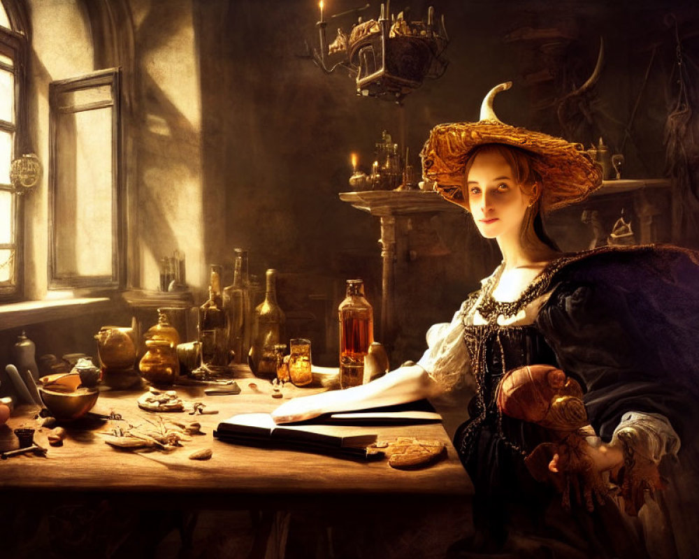 Period-attired woman reading at table with antique items in dimly lit room