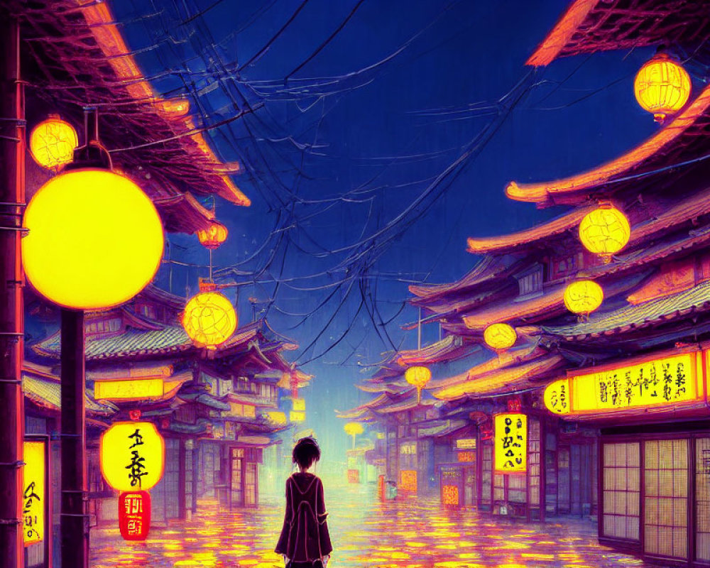 Vibrant neon-lit alley with traditional Asian architecture