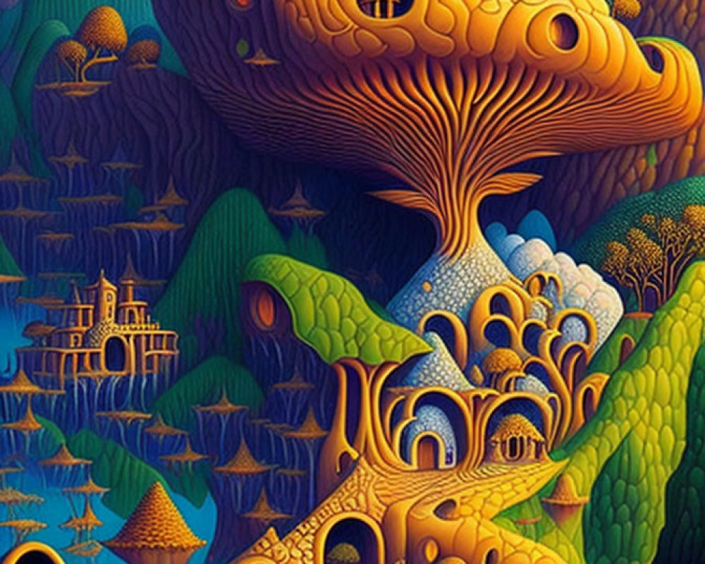 Colorful surreal landscape with mushroom-like structures and whimsical architecture.