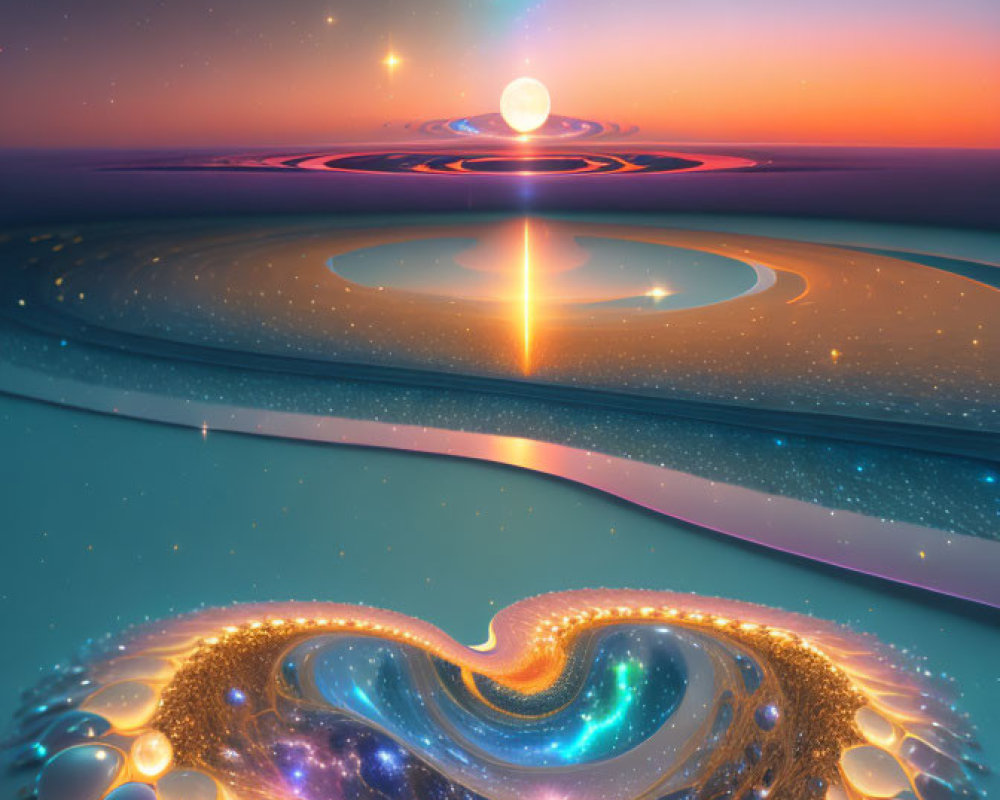 Surreal landscape with glowing galaxy portal and luminous orbs