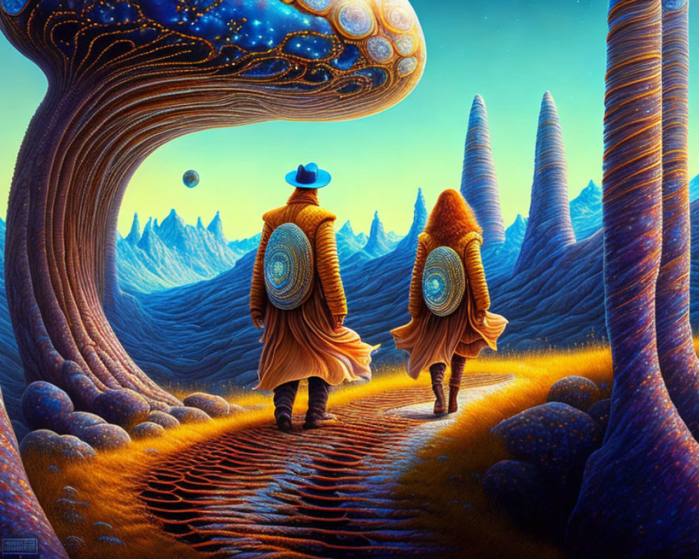 Fantastical artwork: Two figures in shell-like cloaks walking towards mountains under a sky with a