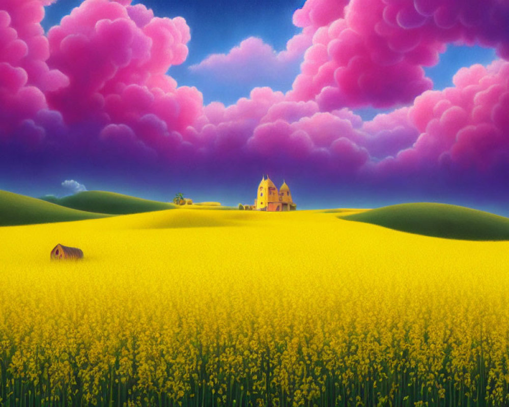 Colorful landscape with fields of yellow flowers, wooden shack, and castle under pink clouds