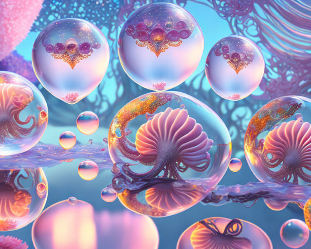 Colorful digital artwork with reflective bubbles and coral structures in pink and blue.