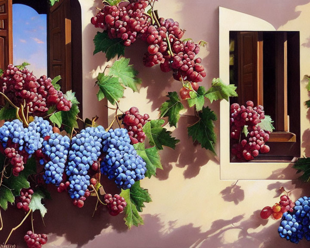 Realistic painting of blue and red grapes on beige wall