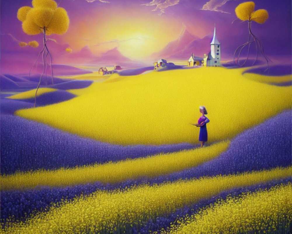 Colorful painting of child in purple field under sunset sky with whimsical trees, church, and carts