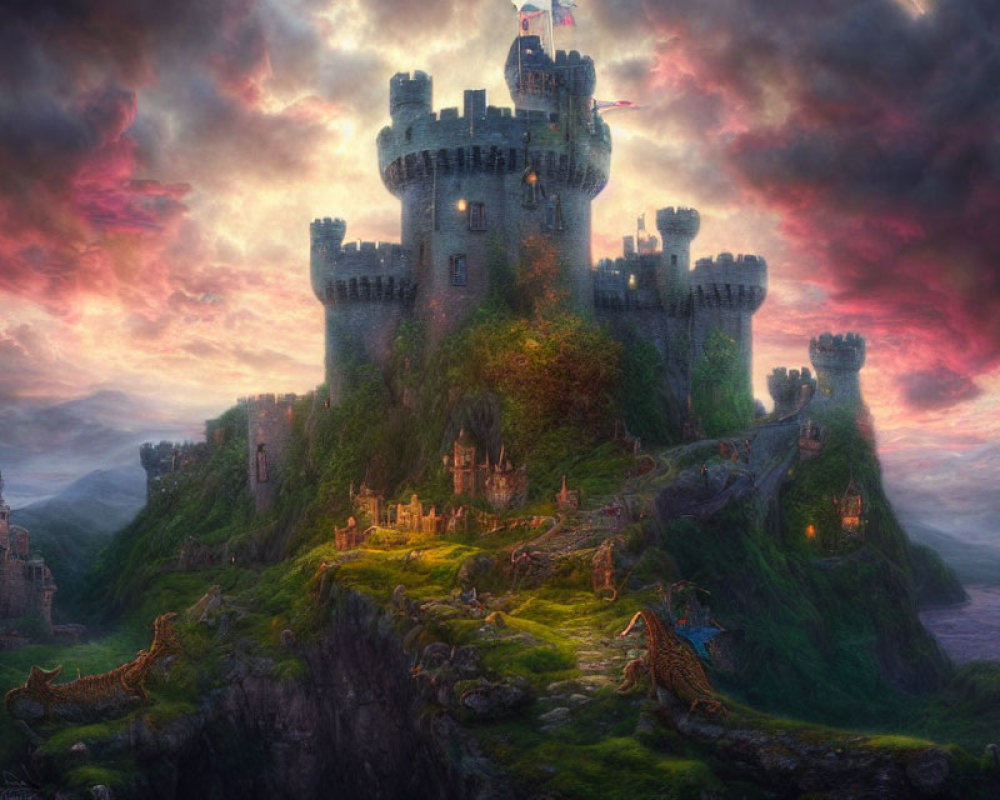 Ethereal castle on lush hill with dramatic skies and majestic deer