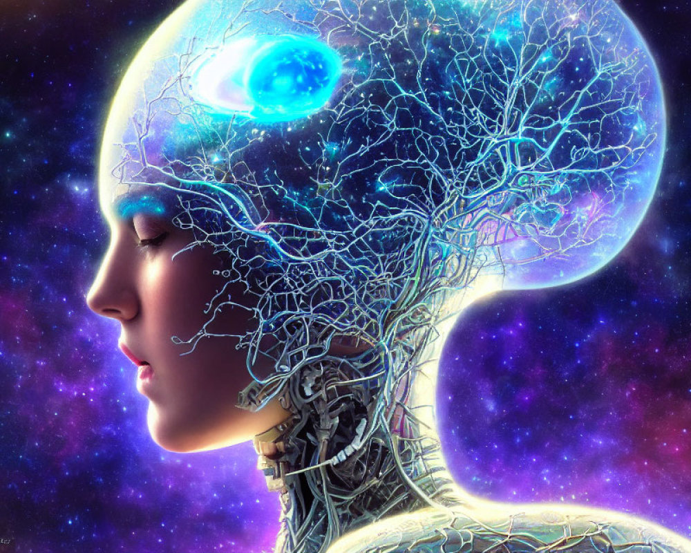 Humanoid with Transparent Tree-Like Brain in Cosmic Setting