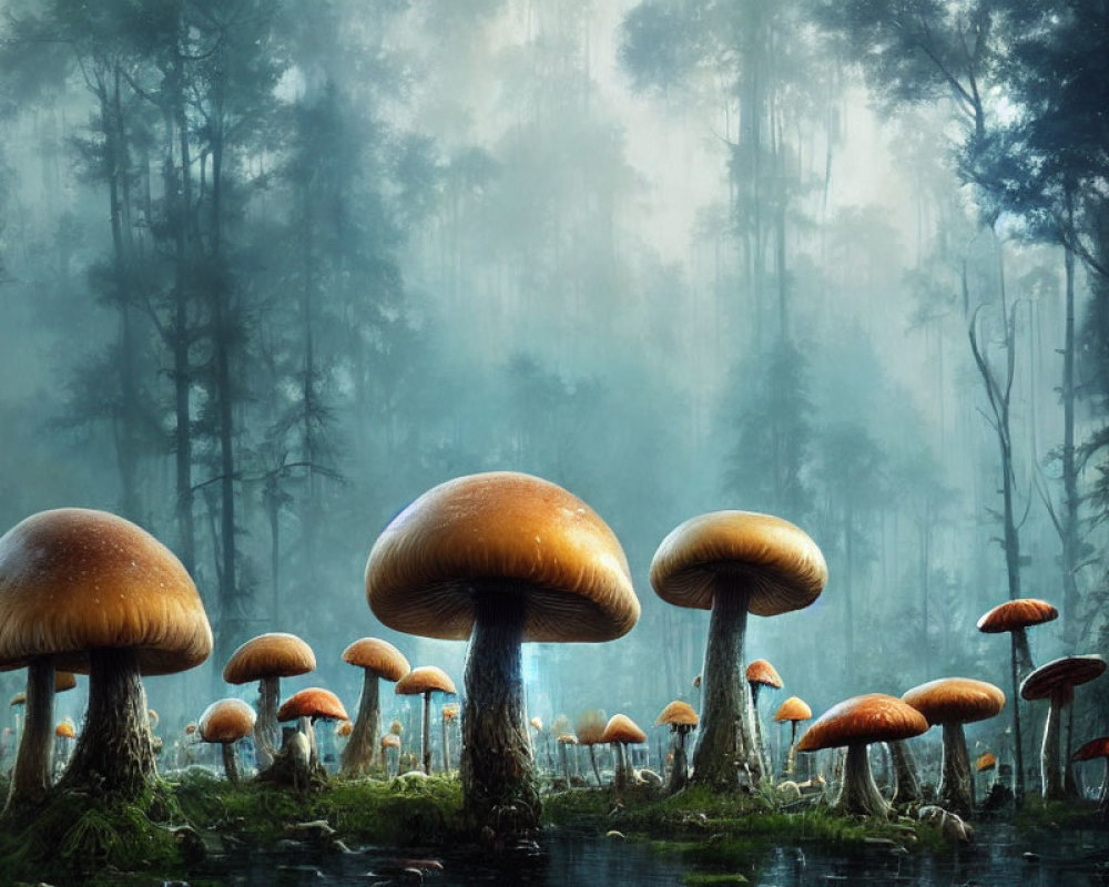 Mystical enchanted forest with oversized mushrooms and towering trees in mist