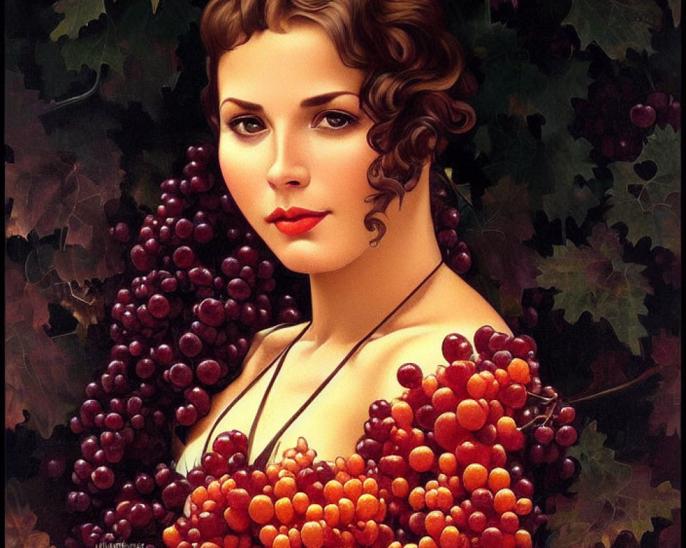 Portrait of woman with curly hair and vintage attire surrounded by red and green grapes on leafy background.