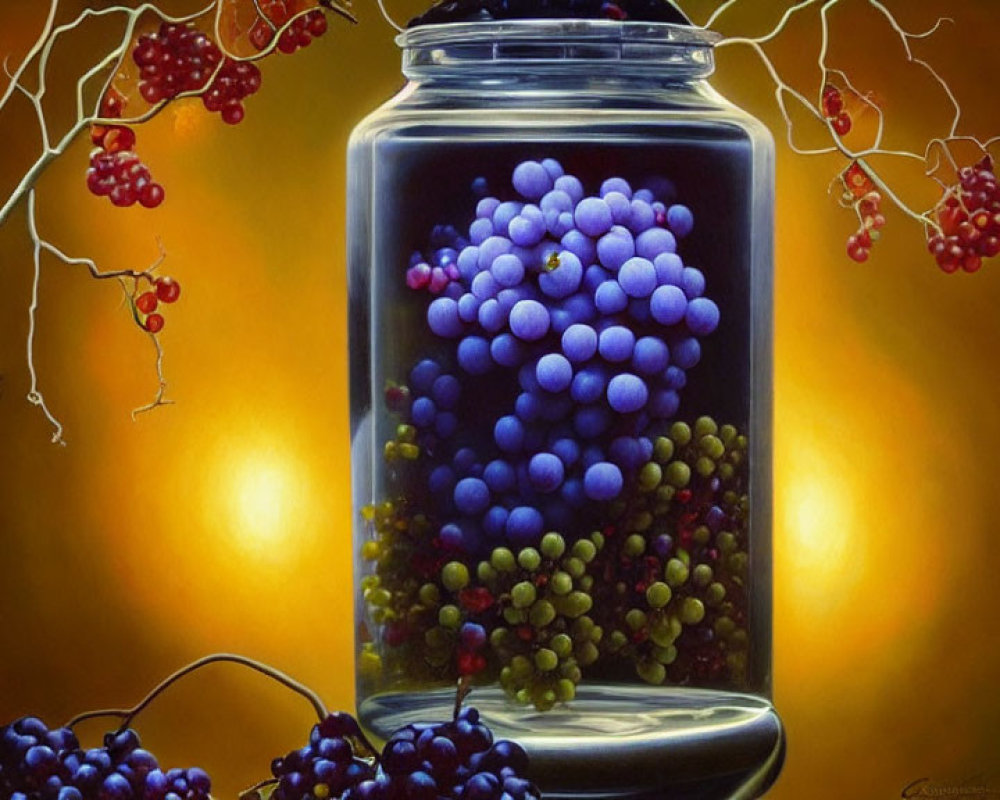 Hyper-realistic Painting of Glass Jar with Grapes and Dramatic Lighting