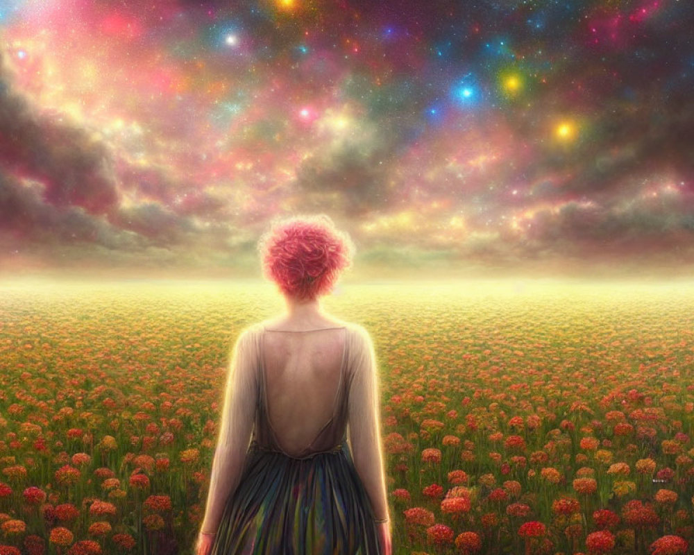 Pink-haired person in vibrant flower field under star-filled sky