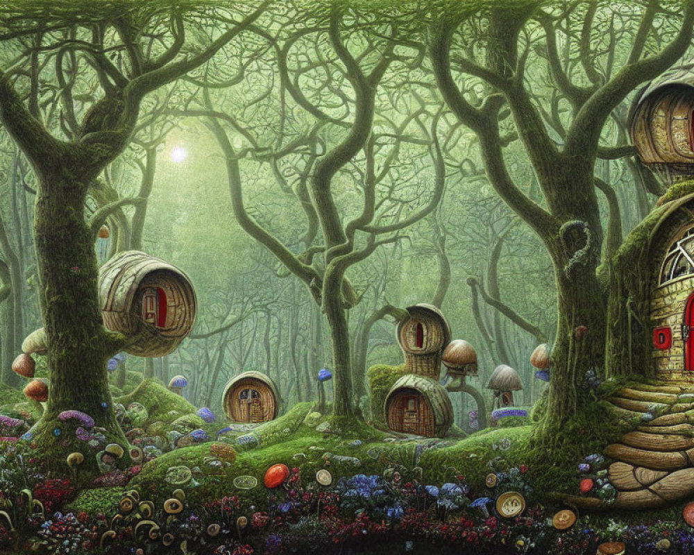 Enchanting forest with whimsical treehouses and vibrant mushrooms