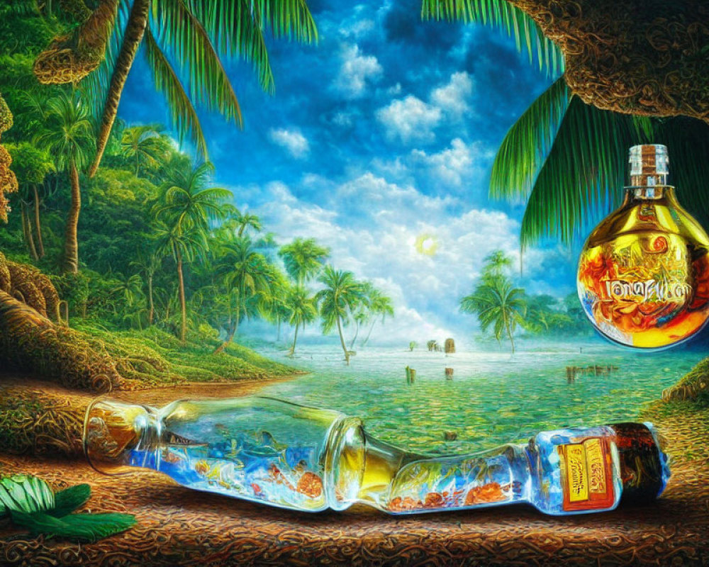 Tropical landscape with painted bottles, greenery, and cloudy sky