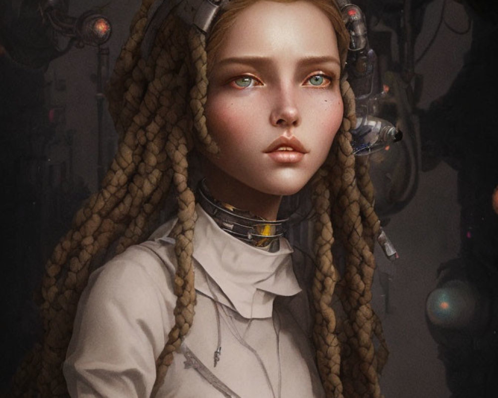 Young woman with braided hair in futuristic setting surrounded by complex machinery