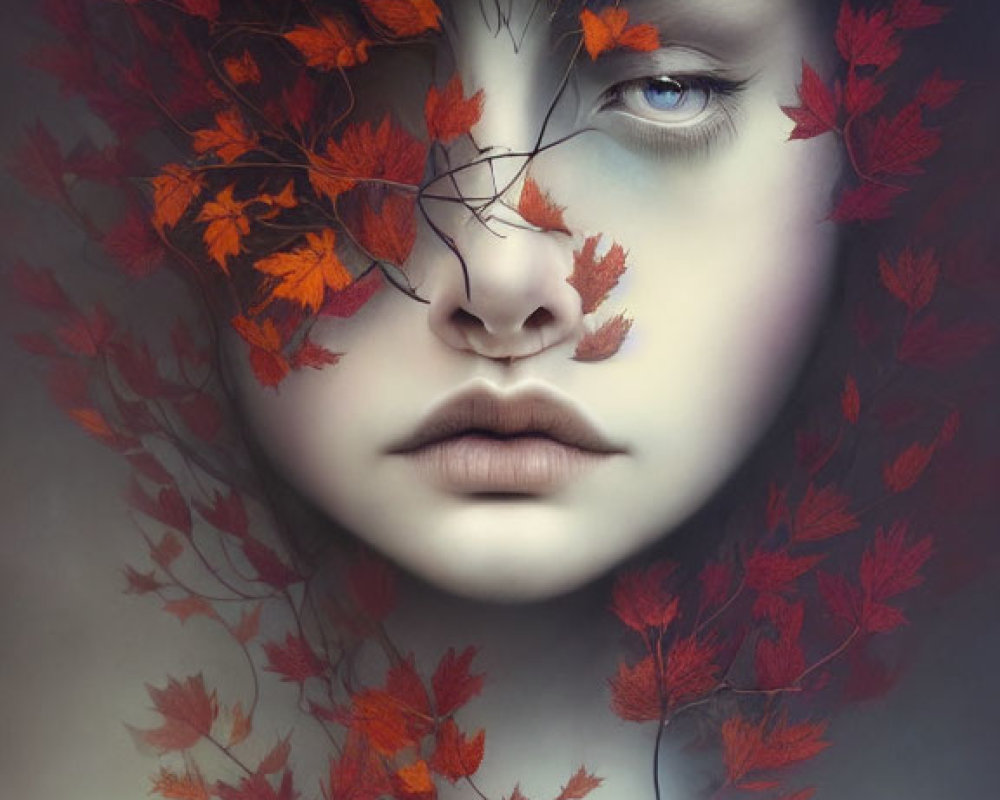 Woman's Face Partially Obscured by Red Autumn Leaves and Blue Eye