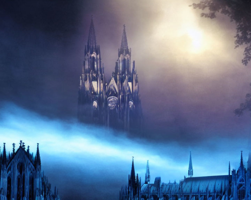 Moonlit Gothic Cathedral Silhouettes in Blue Mist