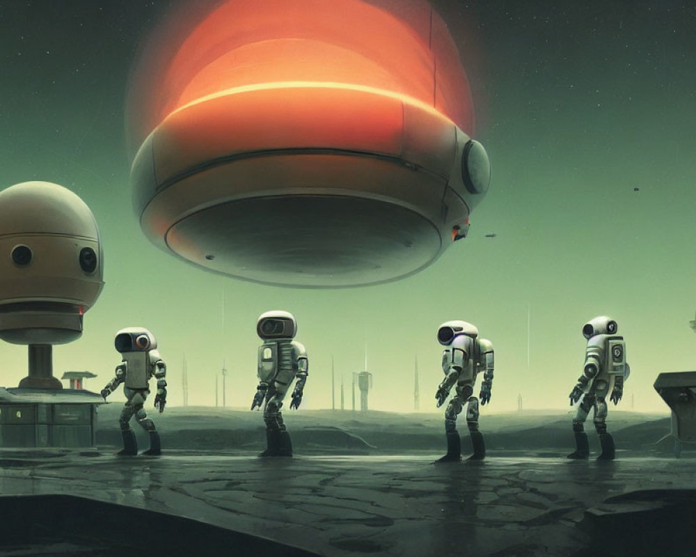 Stylized robots on desolate landscape with planet and futuristic structures