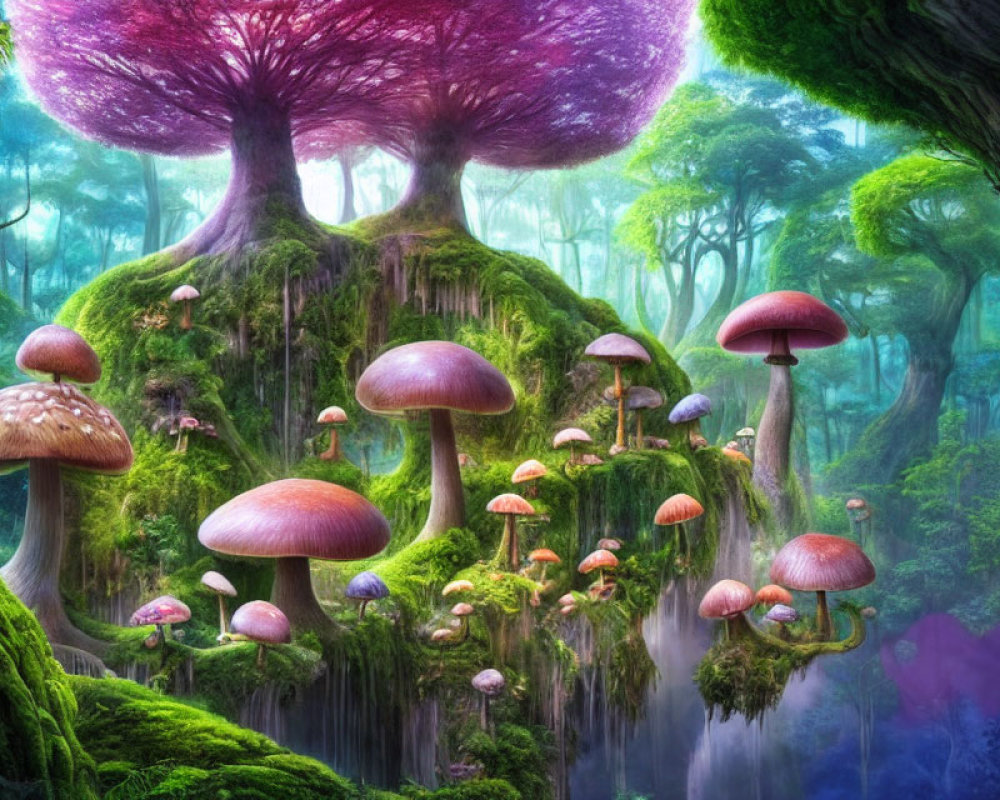 Colorful oversized mushrooms in vibrant fantasy forest