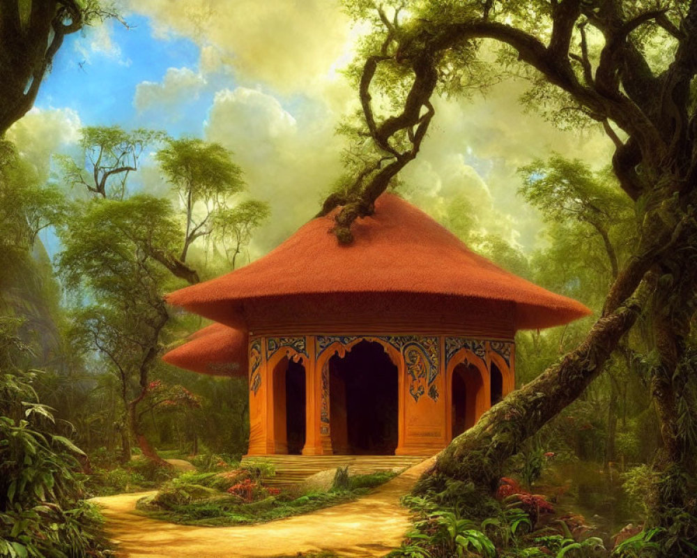 Whimsical hut with red roof and blue decorations in lush green forest