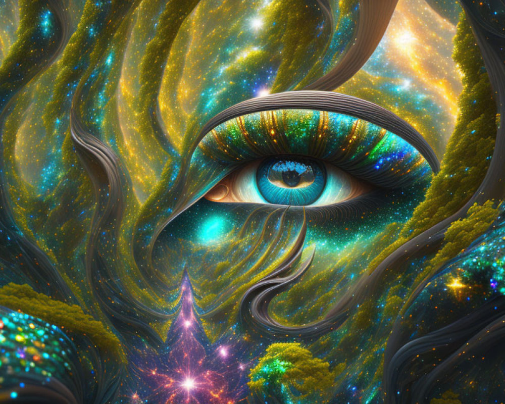 Digital artwork: Cosmic landscape and human eye merge in vibrant display