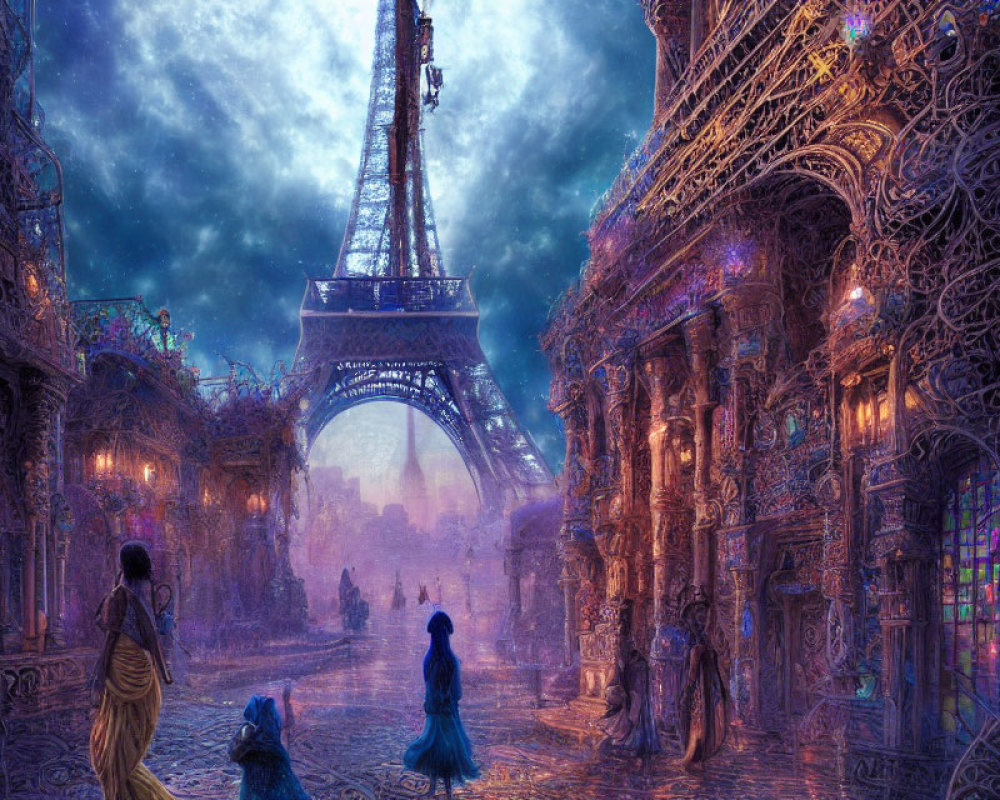 Intricate cityscape with stylized Eiffel Tower and period attire figures