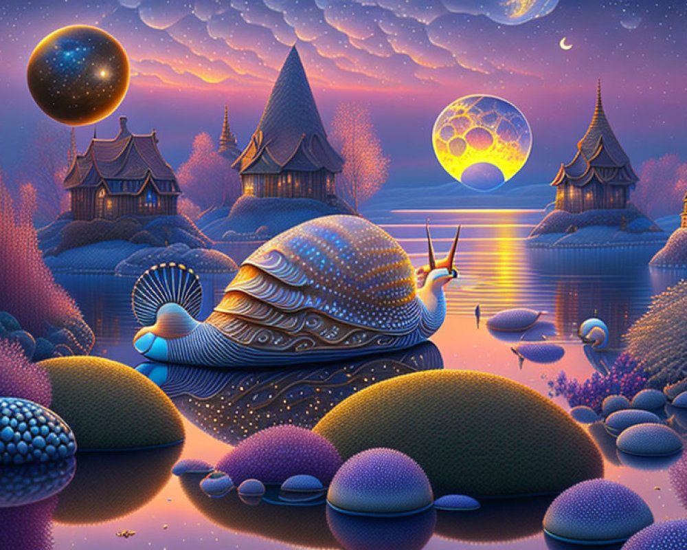 Colorful Fantasy Landscape with Whimsical Structures and Giant Snail