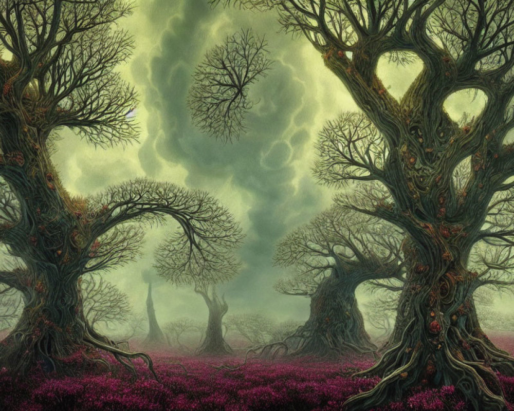 Mystical forest scene with gnarled trees, red-eyed knots, greenish sky, and