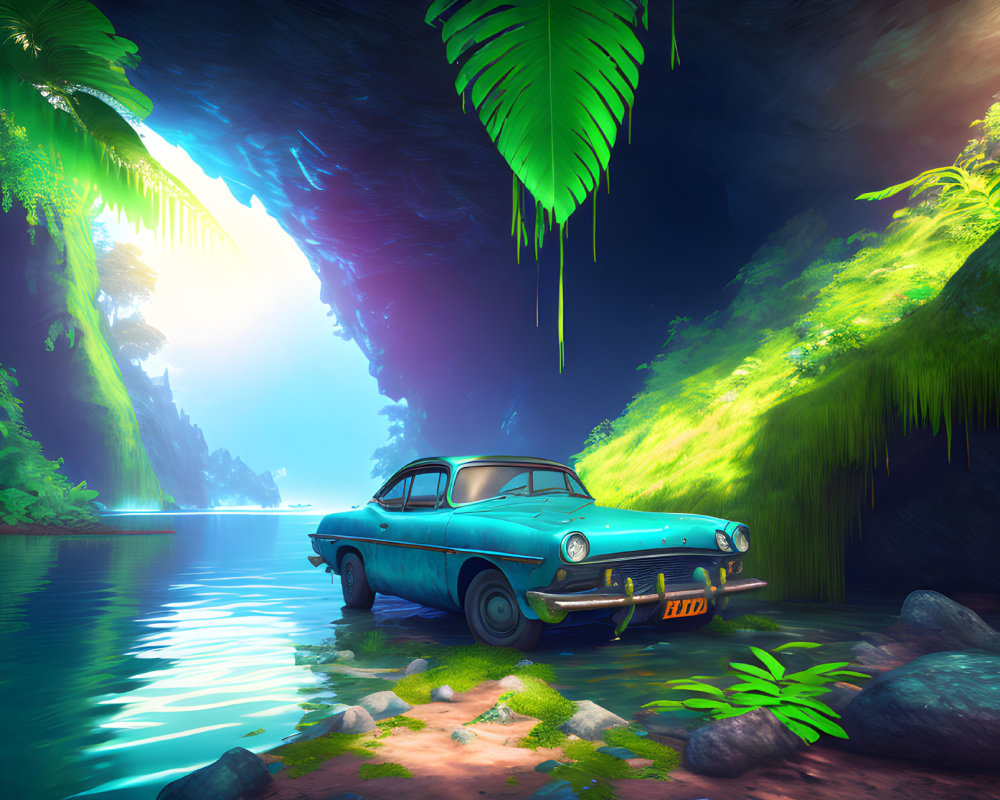 Vintage turquoise car in lush cave with water, illuminated by natural light