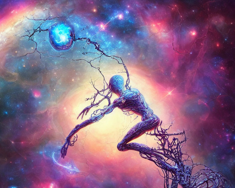 Surreal cosmic scene: humanoid figure in tree branches reaching blue nebula