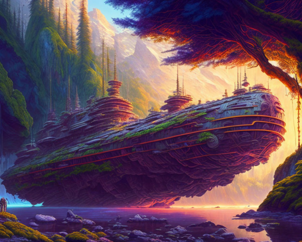 Giant forest-covered spaceship near river with two small figures at sunset