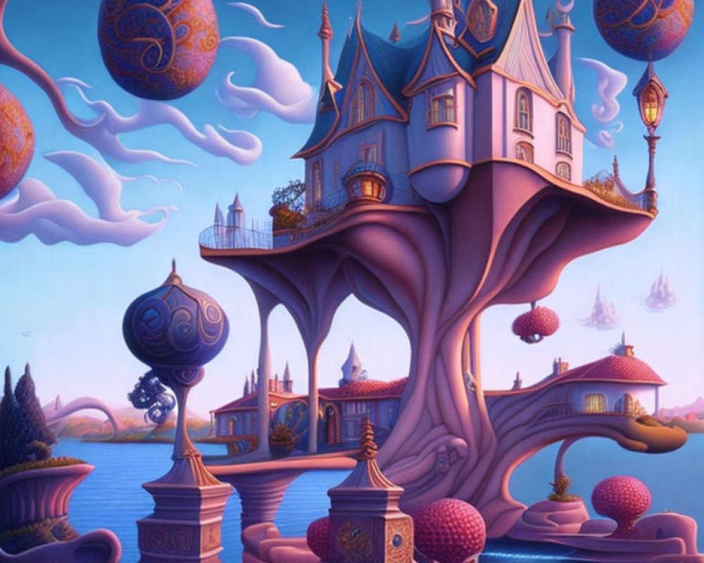 Whimsical castle on giant tree with floating orbs in fantasy landscape