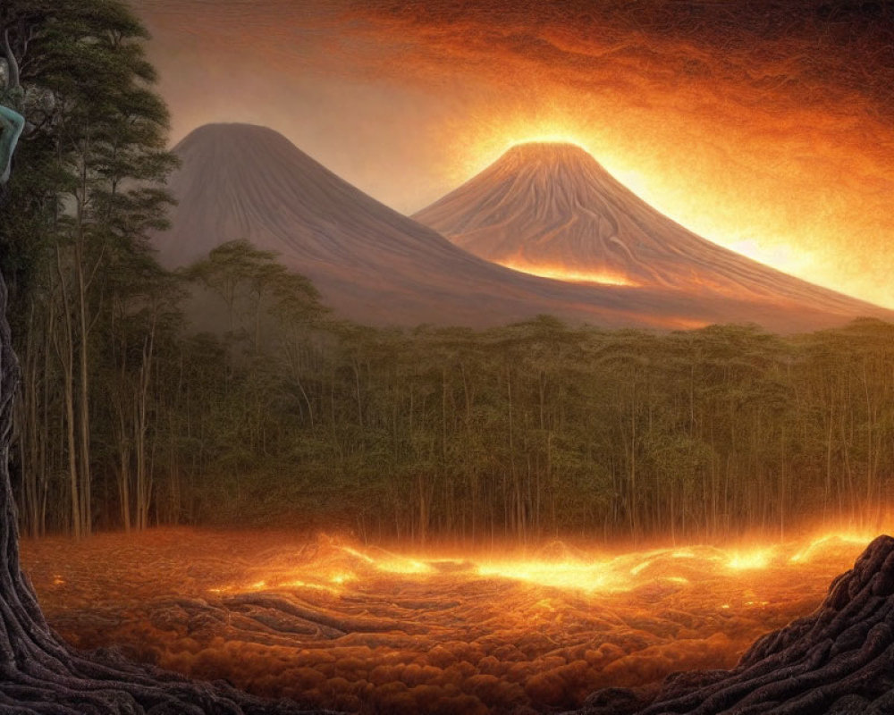 Majestic volcanic landscape with erupting twin volcanoes, flowing lava rivers, dense forest, and