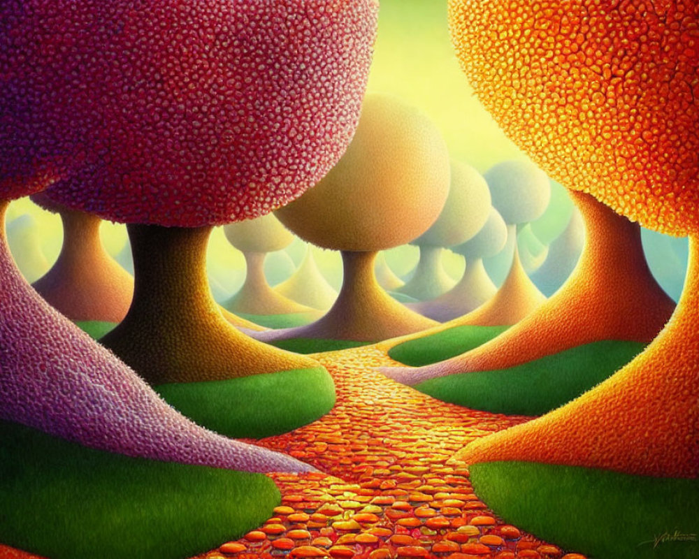 Colorful painting of whimsical forest with textured tree trunks in pink, orange, and yellow.