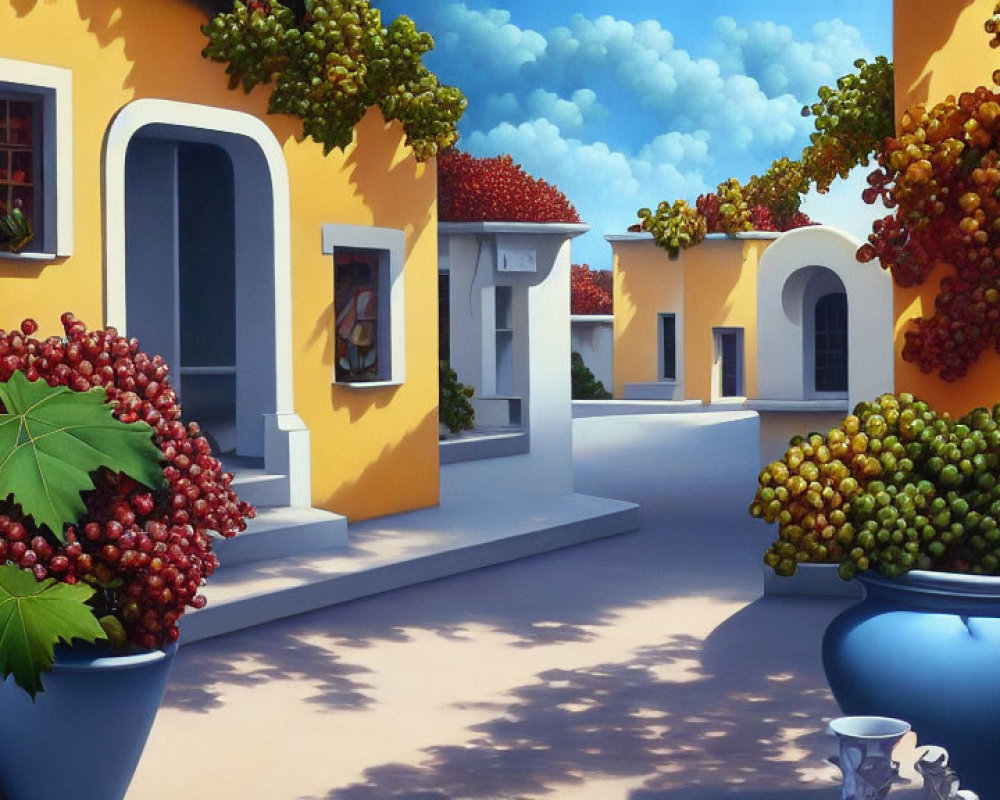 Vibrant Mediterranean Street Scene with Yellow Walls and Blue Pots