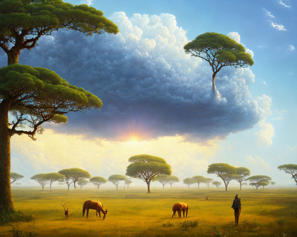 Savanna Sunset Scene with Elephants, Acacia Trees, and Horseback Rider