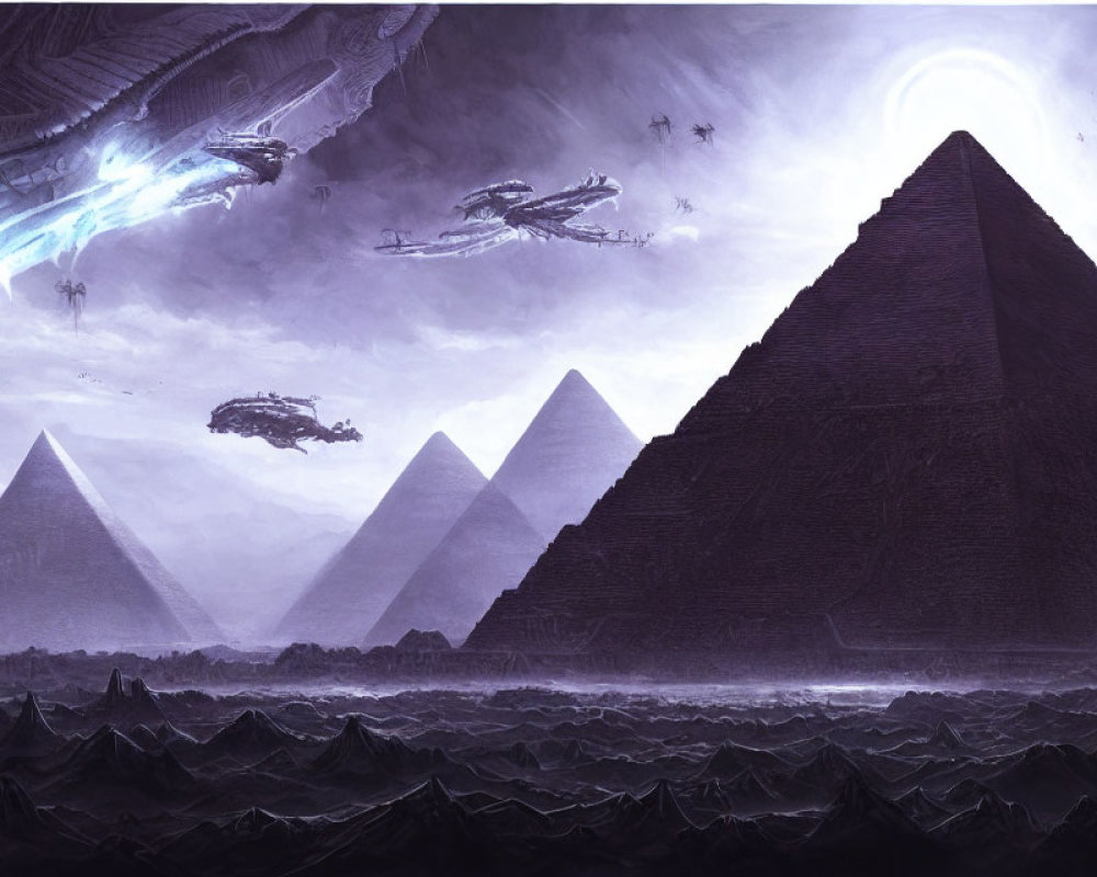 Dark sci-fi landscape with pyramids, stormy sky, futuristic ships, and blue light.