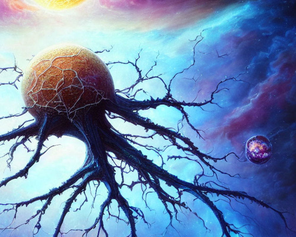 Colorful cosmic illustration: tree-like structure with space roots, planets, and nebula