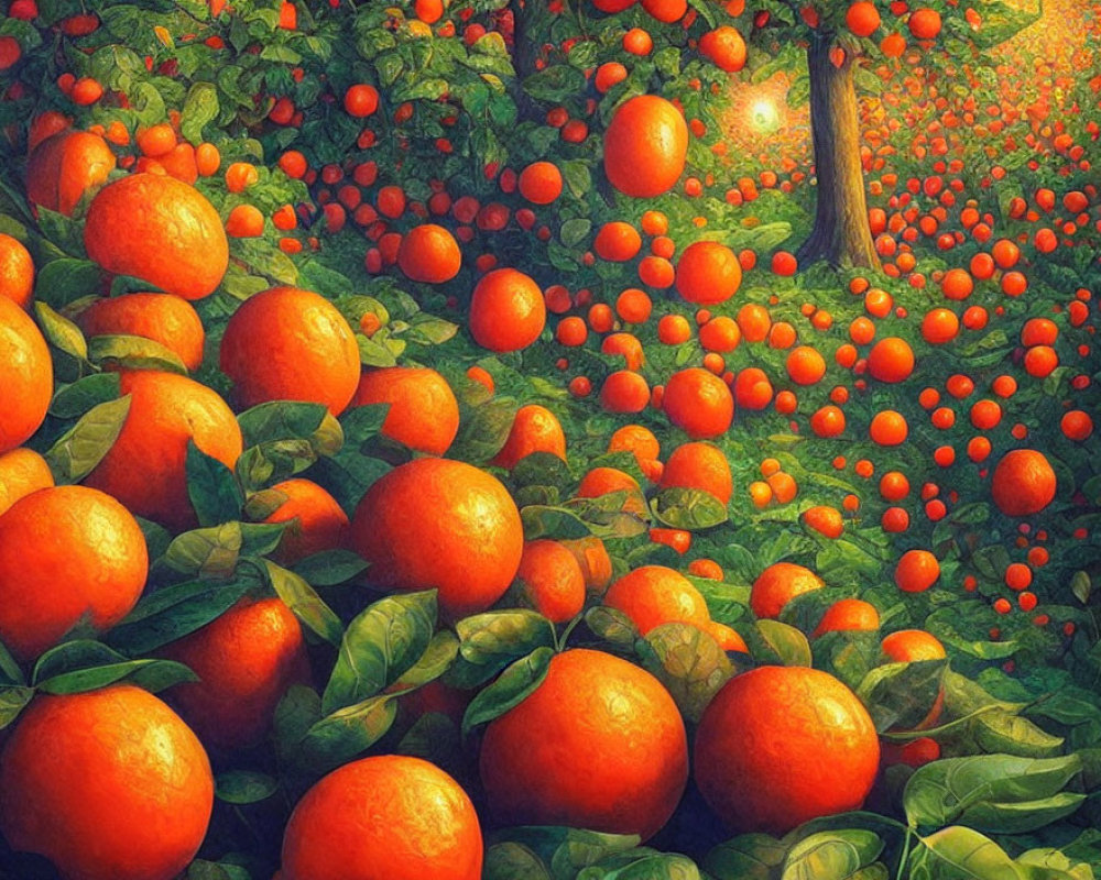 Lush Orange Grove with Ripe Fruit and Green Leaves