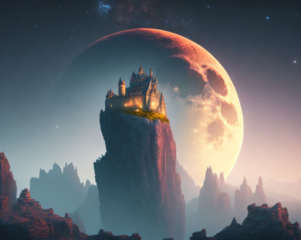 Fantasy castle on cliff under moonlit sky