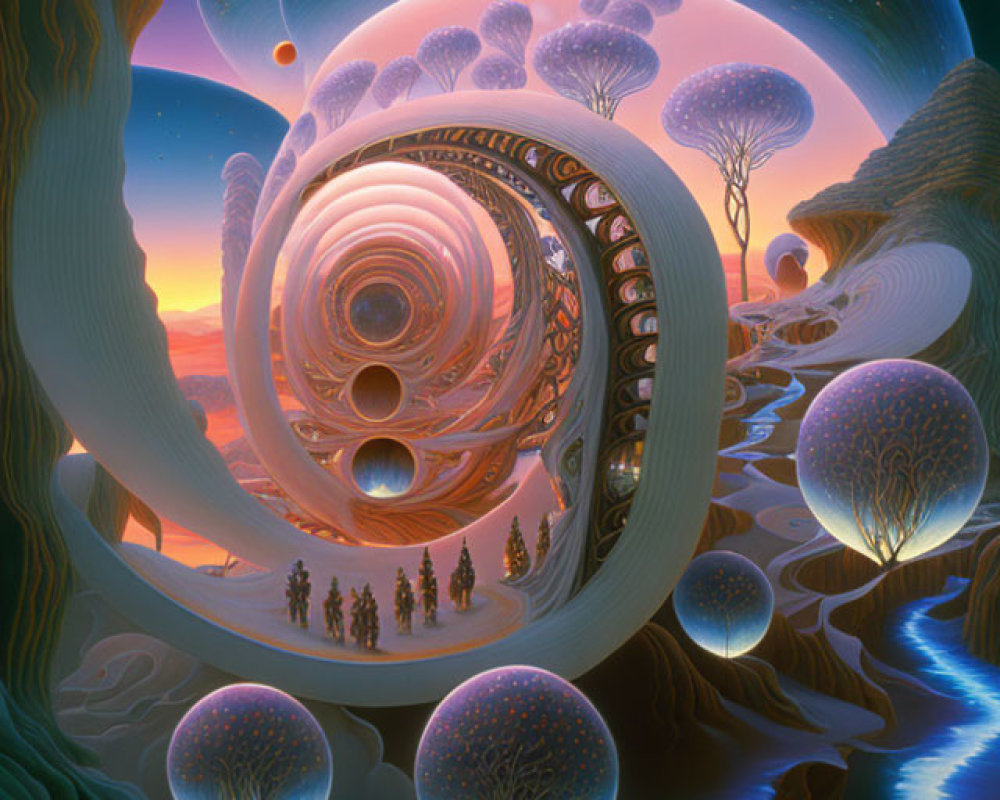 Surreal landscape: metallic spirals, glowing trees, bubble-like orbs, twilight sky